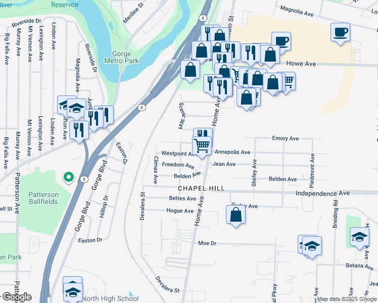 map of restaurants, bars, coffee shops, grocery stores, and more near 753 Westpoint Avenue in Akron