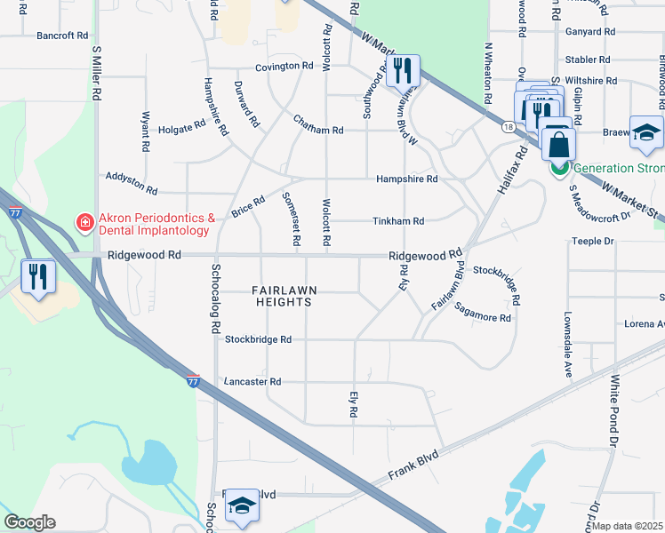 map of restaurants, bars, coffee shops, grocery stores, and more near 2324 Ridgewood Rd in Akron