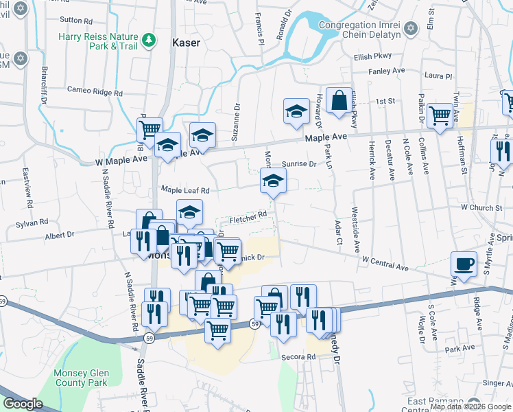 map of restaurants, bars, coffee shops, grocery stores, and more near 4 Fletcher Road in Monsey