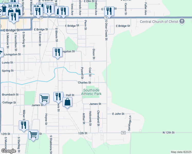 map of restaurants, bars, coffee shops, grocery stores, and more near 526 Montgomery Street in Streator
