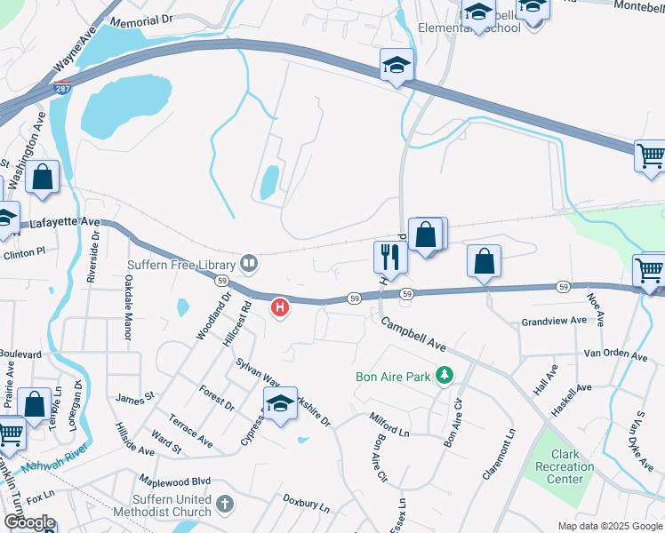 map of restaurants, bars, coffee shops, grocery stores, and more near 250 Lafayette Avenue in Suffern