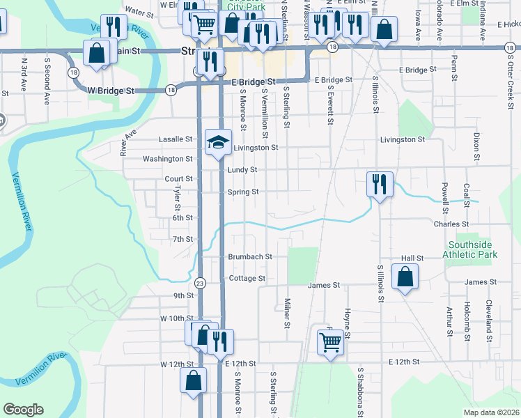 map of restaurants, bars, coffee shops, grocery stores, and more near 612 South Vermillion Street in Streator