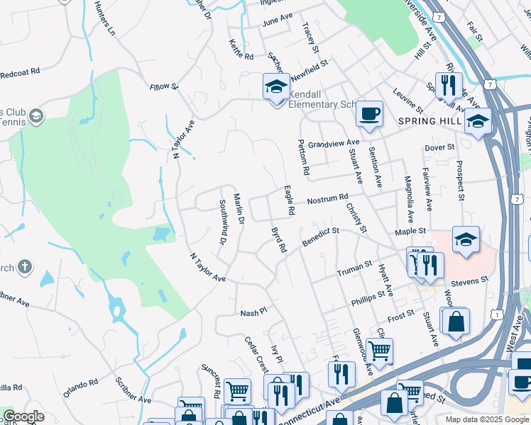 map of restaurants, bars, coffee shops, grocery stores, and more near 19 Byrd Road in Norwalk