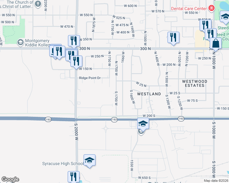 map of restaurants, bars, coffee shops, grocery stores, and more near 82 S 1700 W in West Point