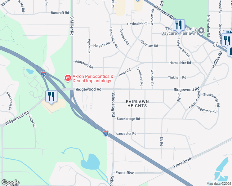 map of restaurants, bars, coffee shops, grocery stores, and more near 2448 Ridgewood Road in Akron