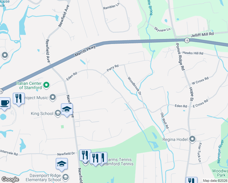 map of restaurants, bars, coffee shops, grocery stores, and more near 173 Eden Road in Stamford