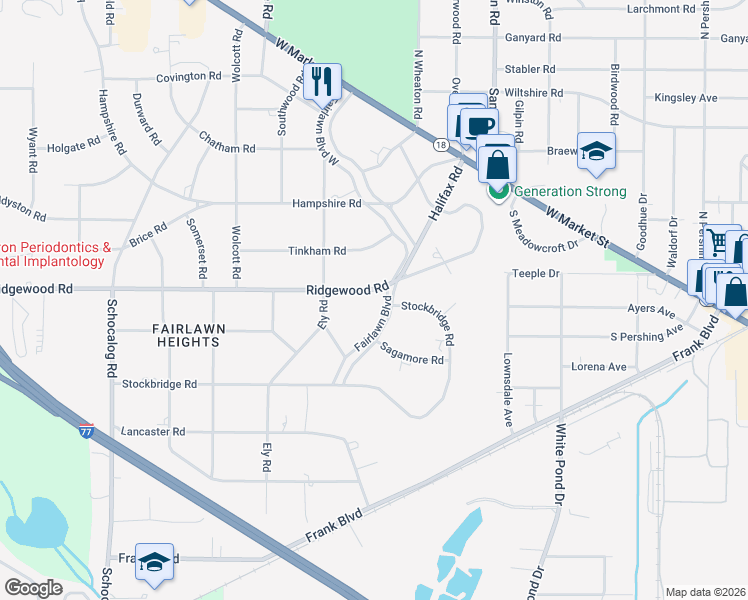 map of restaurants, bars, coffee shops, grocery stores, and more near 2166 Ridgewood Road in Akron