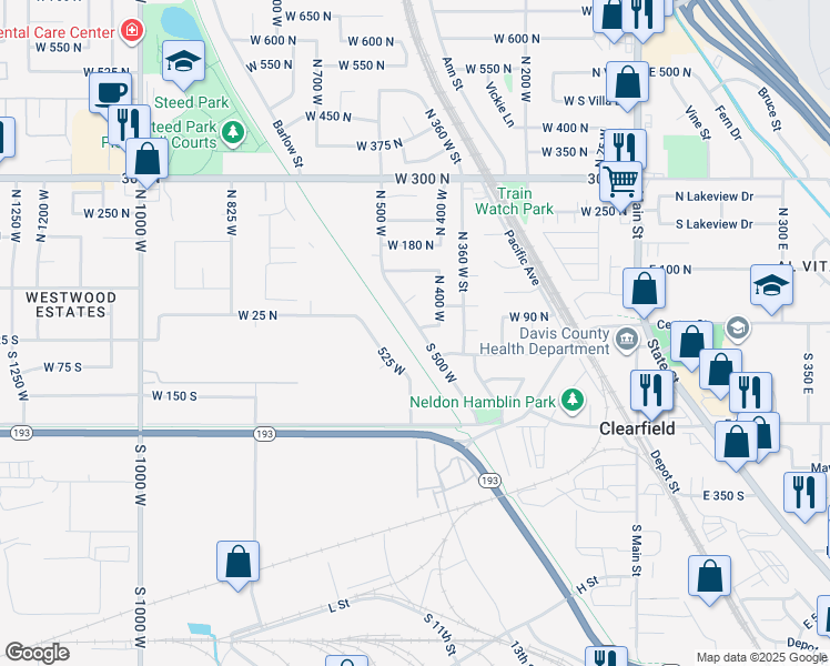 map of restaurants, bars, coffee shops, grocery stores, and more near 72 North 500 West in Clearfield