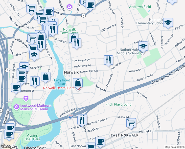 map of restaurants, bars, coffee shops, grocery stores, and more near 3 Tryon Road in Norwalk
