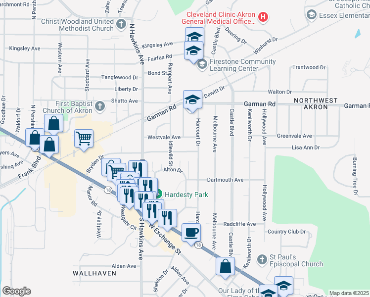 map of restaurants, bars, coffee shops, grocery stores, and more near 1389 Bryden Drive in Akron