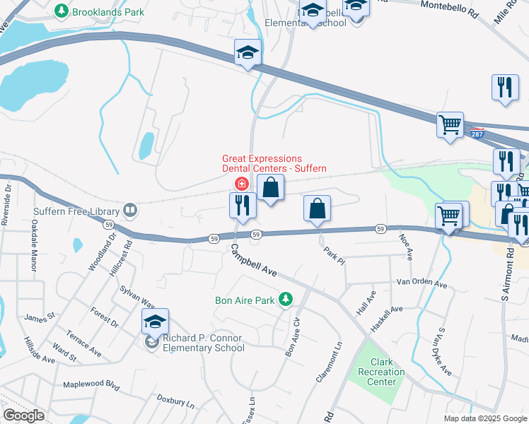 map of restaurants, bars, coffee shops, grocery stores, and more near New York 59 in Suffern