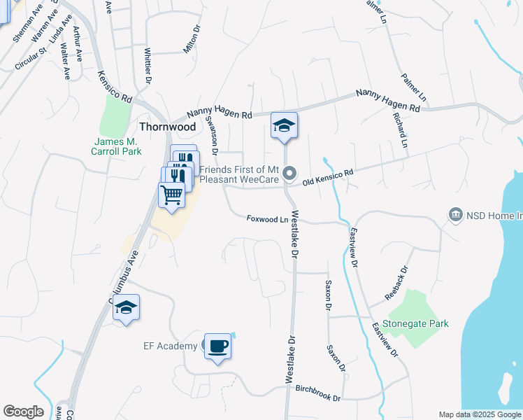 map of restaurants, bars, coffee shops, grocery stores, and more near 5 Foxwood Lane in Thornwood