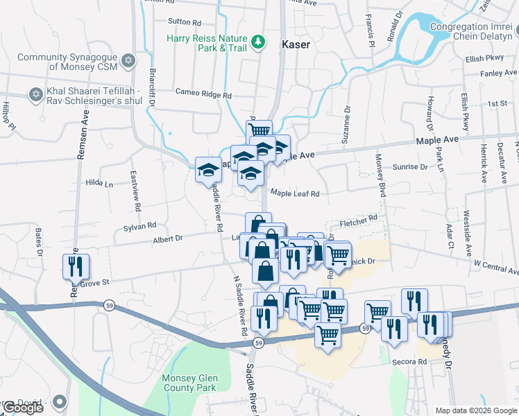 map of restaurants, bars, coffee shops, grocery stores, and more near 10 Homestead Lane in Monsey