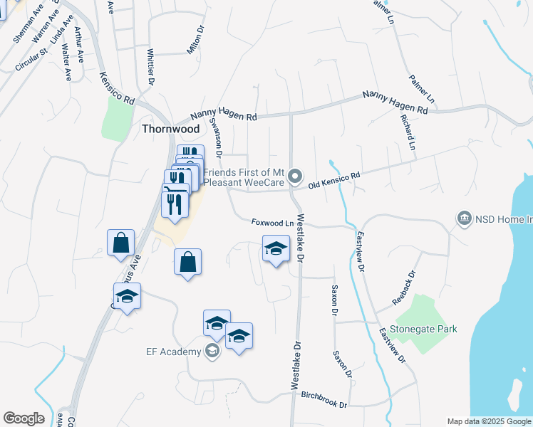 map of restaurants, bars, coffee shops, grocery stores, and more near 5 Foxwood Lane in Thornwood