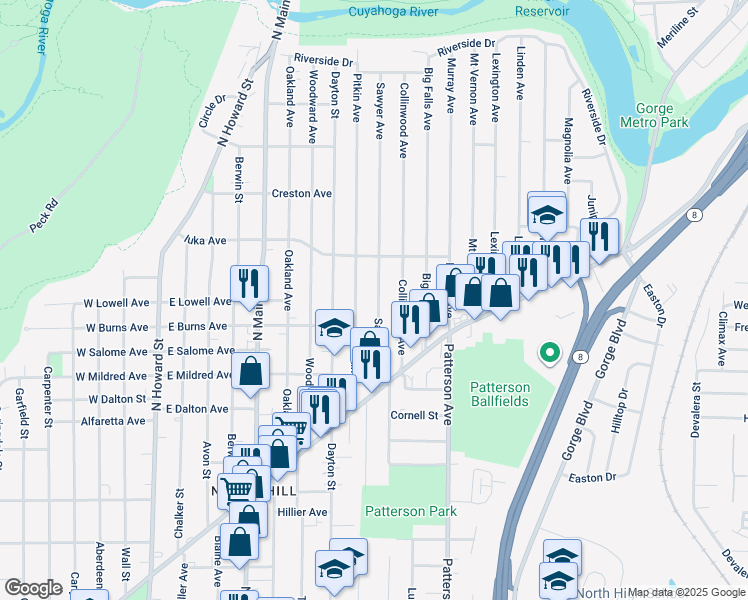 map of restaurants, bars, coffee shops, grocery stores, and more near 1030 Sawyer Avenue in Akron