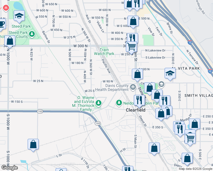 map of restaurants, bars, coffee shops, grocery stores, and more near 64 North 250 West in Clearfield