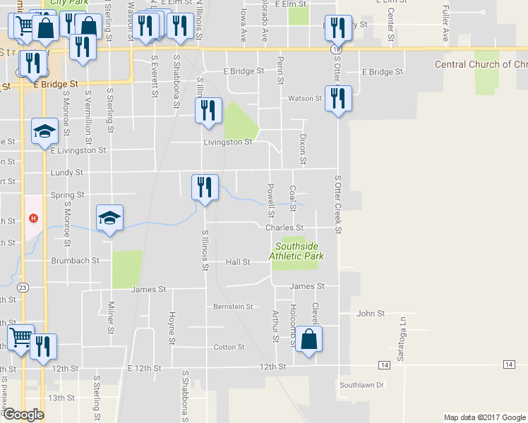 map of restaurants, bars, coffee shops, grocery stores, and more near 528 Powell Street in Streator