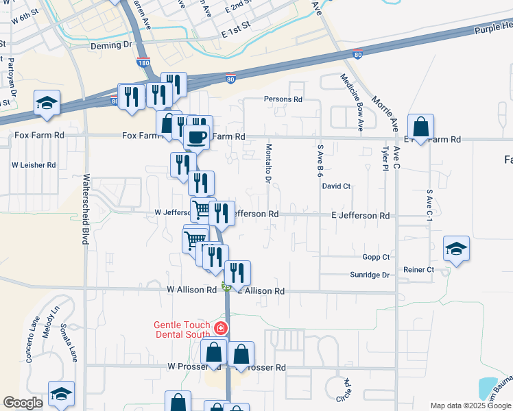 map of restaurants, bars, coffee shops, grocery stores, and more near 300 East Jefferson Road in Cheyenne