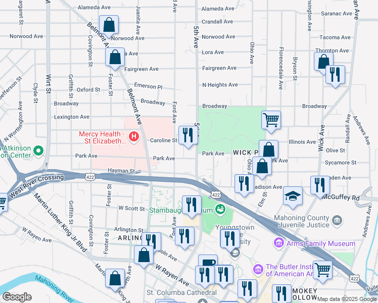 map of restaurants, bars, coffee shops, grocery stores, and more near 1000 5th Avenue in Youngstown
