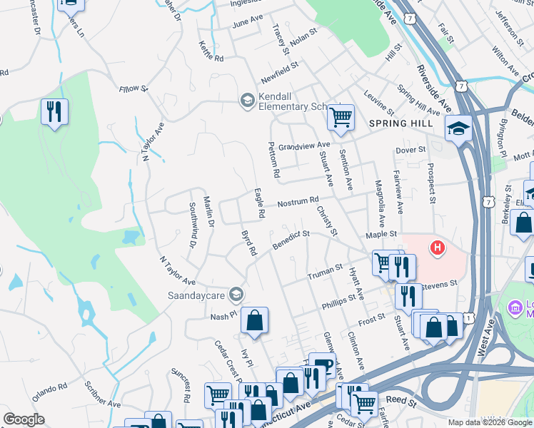 map of restaurants, bars, coffee shops, grocery stores, and more near 1 Eagle Road in Norwalk