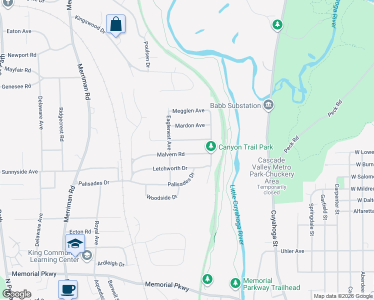 map of restaurants, bars, coffee shops, grocery stores, and more near 483 Malvern Road in Akron