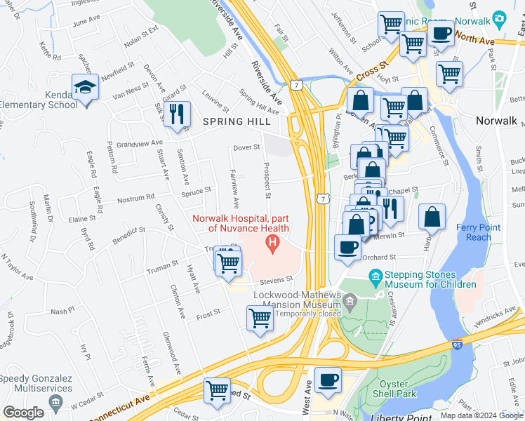 map of restaurants, bars, coffee shops, grocery stores, and more near 33 Prospect Street in Norwalk