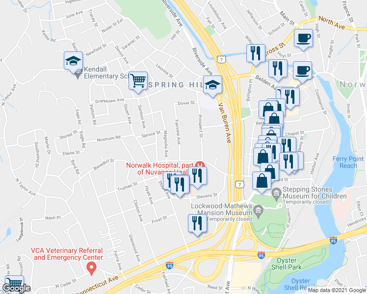 map of restaurants, bars, coffee shops, grocery stores, and more near 32 Fairview Avenue in Norwalk