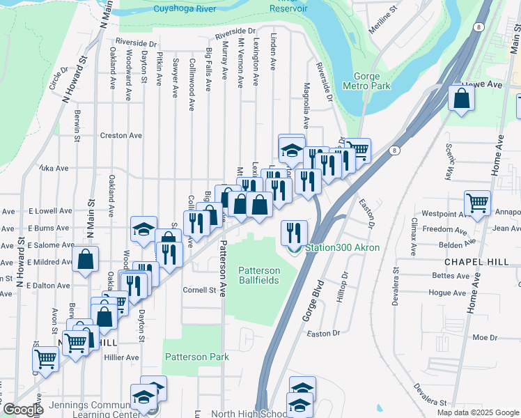 map of restaurants, bars, coffee shops, grocery stores, and more near in Akron