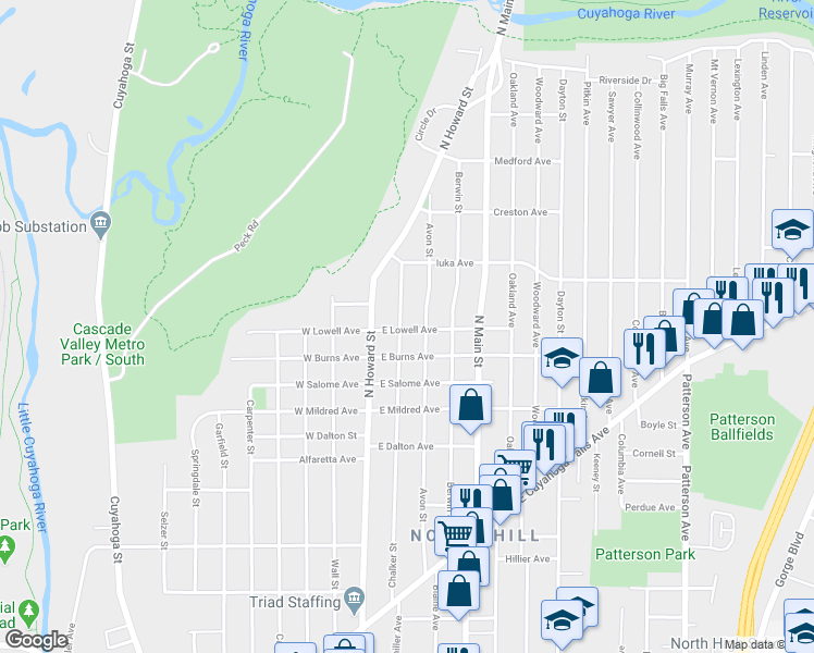 map of restaurants, bars, coffee shops, grocery stores, and more near 40 East Lowell Avenue in Akron