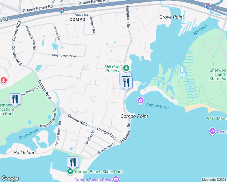 map of restaurants, bars, coffee shops, grocery stores, and more near 24 Sterling Drive in Westport