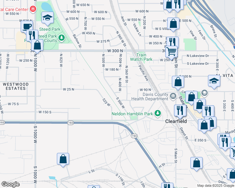 map of restaurants, bars, coffee shops, grocery stores, and more near 484 West 75 North in Clearfield
