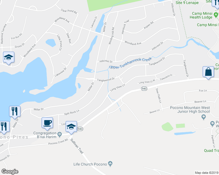 map of restaurants, bars, coffee shops, grocery stores, and more near 205 Long View Lane in Pocono Pines