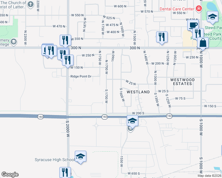 map of restaurants, bars, coffee shops, grocery stores, and more near 74 South 1660 West in West Point