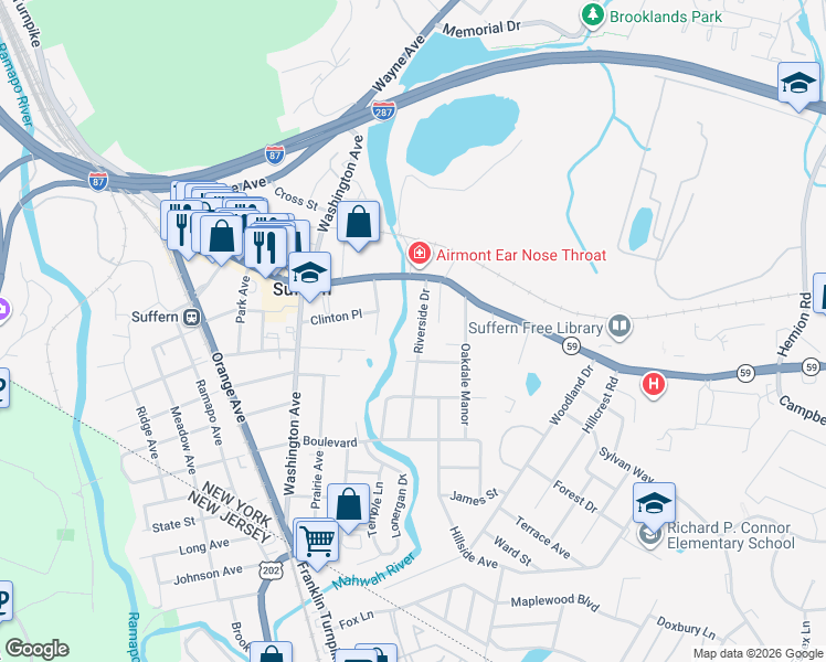 map of restaurants, bars, coffee shops, grocery stores, and more near 19 Riverside Drive in Suffern