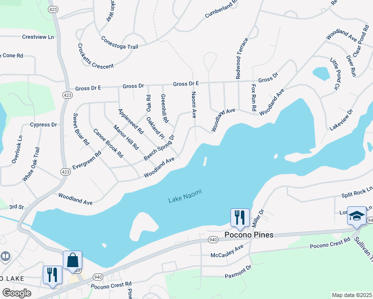 map of restaurants, bars, coffee shops, grocery stores, and more near 5248 Woodland Avenue in Pocono Pines