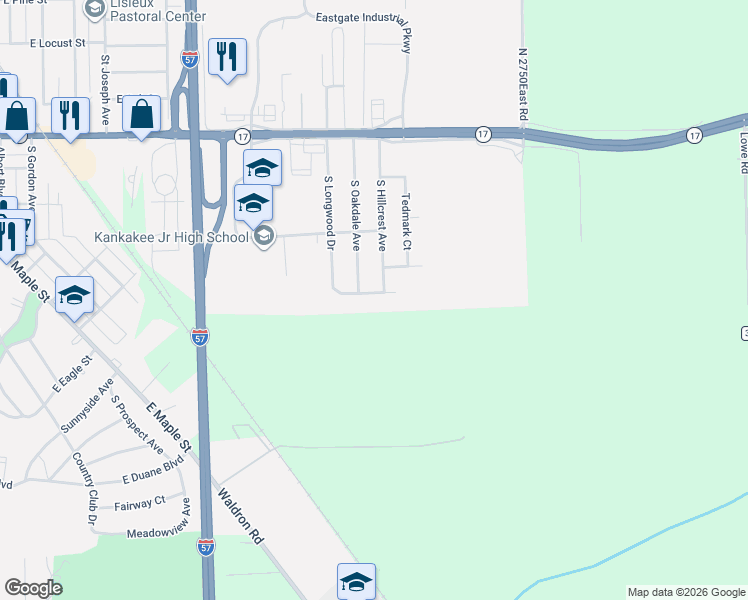 map of restaurants, bars, coffee shops, grocery stores, and more near 2666 East Melbrook Drive in Kankakee