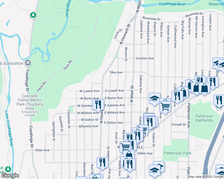 map of restaurants, bars, coffee shops, grocery stores, and more near 40 East Lowell Avenue in Akron
