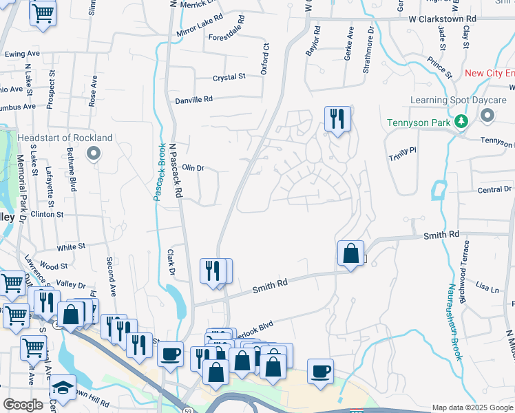 map of restaurants, bars, coffee shops, grocery stores, and more near 1 Knightsbridge Court in Nanuet