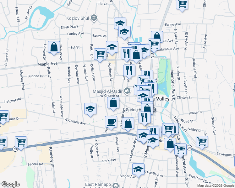 map of restaurants, bars, coffee shops, grocery stores, and more near 57 West Church Street in Spring Valley