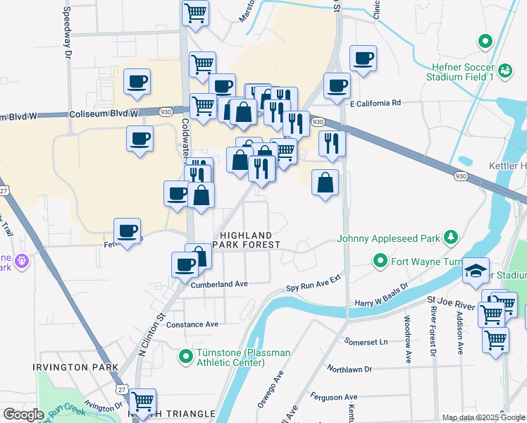 map of restaurants, bars, coffee shops, grocery stores, and more near 3929 Newport Avenue in Fort Wayne