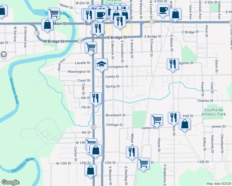 map of restaurants, bars, coffee shops, grocery stores, and more near 609 South Monroe Street in Streator