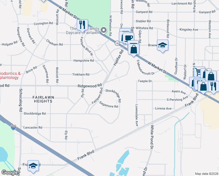 map of restaurants, bars, coffee shops, grocery stores, and more near 1920 Stockbridge Road in Akron