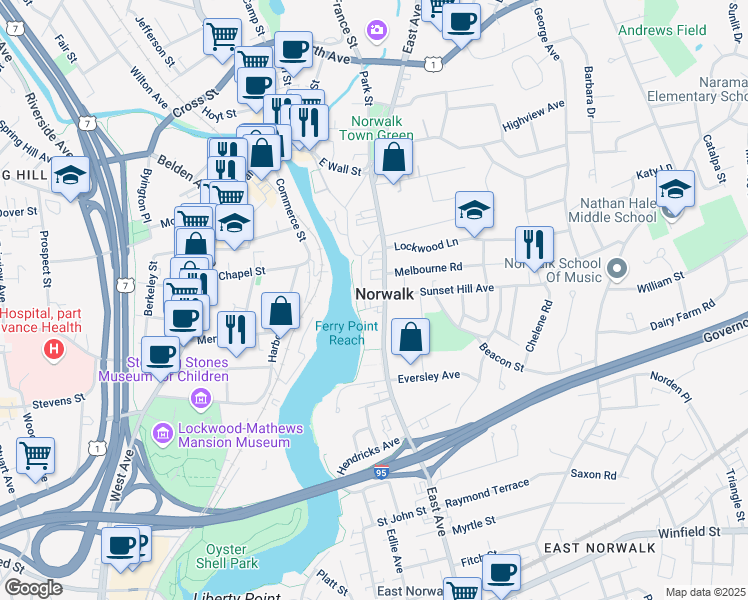 map of restaurants, bars, coffee shops, grocery stores, and more near 124 East Avenue in Norwalk