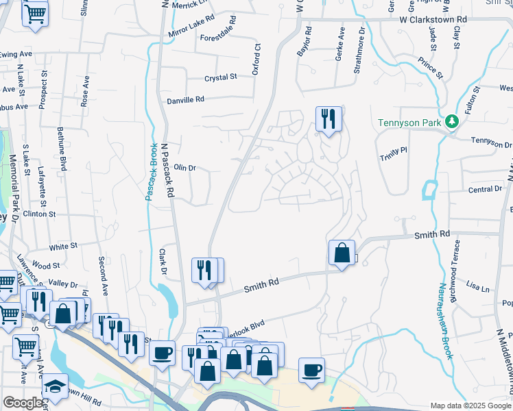 map of restaurants, bars, coffee shops, grocery stores, and more near 1 Knightsbridge Court in Nanuet