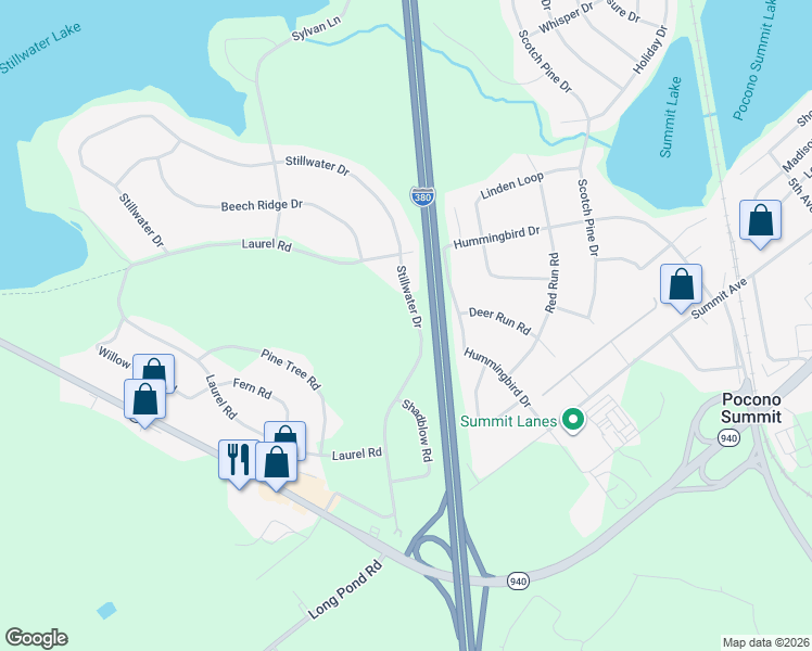 map of restaurants, bars, coffee shops, grocery stores, and more near 613B Stillwater Drive in Pocono Summit
