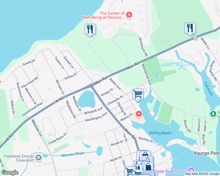 map of restaurants, bars, coffee shops, grocery stores, and more near 209 Knapp Place in Greenport