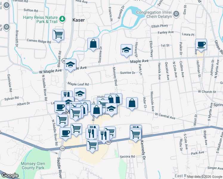 map of restaurants, bars, coffee shops, grocery stores, and more near 4 Fletcher Road in Spring Valley