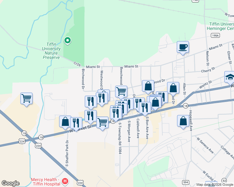 map of restaurants, bars, coffee shops, grocery stores, and more near 33 Westwood Drive in Tiffin