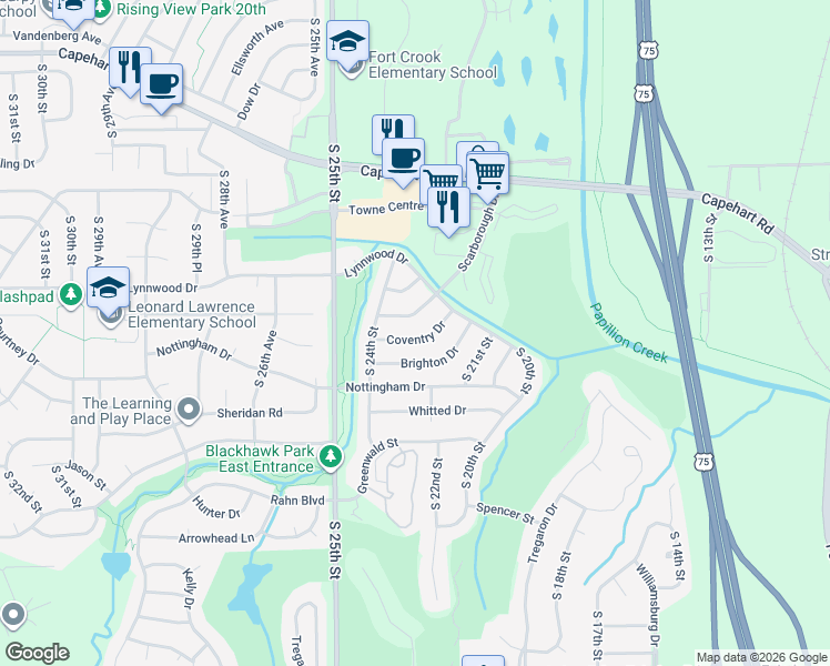 map of restaurants, bars, coffee shops, grocery stores, and more near 2214 Coventry Drive in Bellevue