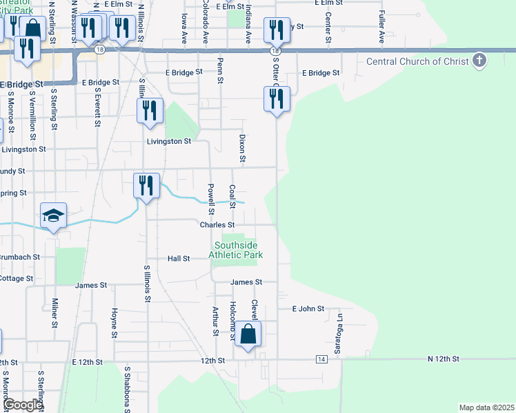 map of restaurants, bars, coffee shops, grocery stores, and more near 526 Montgomery Street in Streator